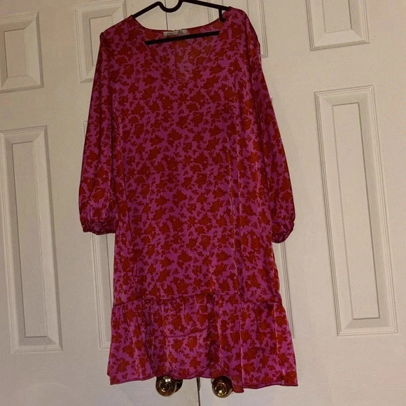 Dex light satin 3/4 puff sleeves V neck Floral Ruffled Hem midi dress Sz XL - Picture 4 of 17
